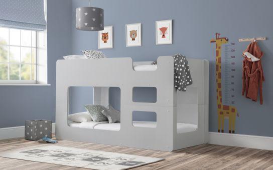 Children's Solar Wooden Bunk Bed in light grey finish with ladder and protective railing.