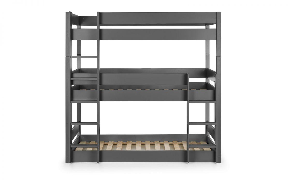 Trio Wooden Bunk Bed in anthracite, surf white, and dove grey for three children.