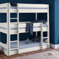 Trio Wooden Bunk Bed in surf white finish, accommodating three children, made of solid pine and MDF, in a stylish bedroom setting.